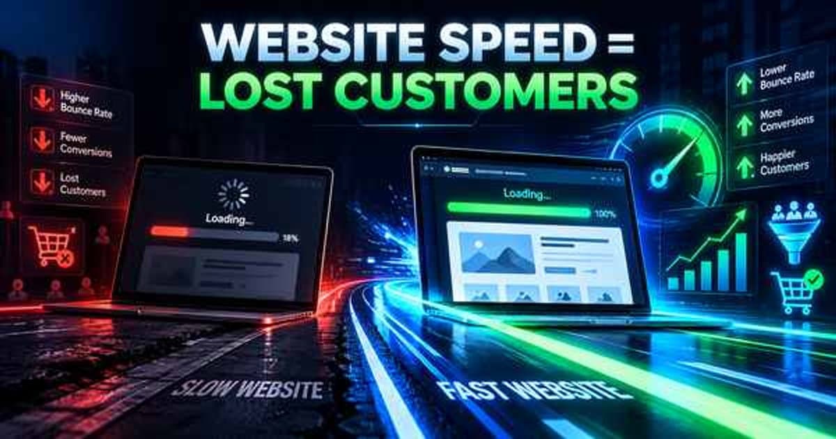 Illustration contrasting a slow-loading website losing customers with a fast-loading website gaining conversions